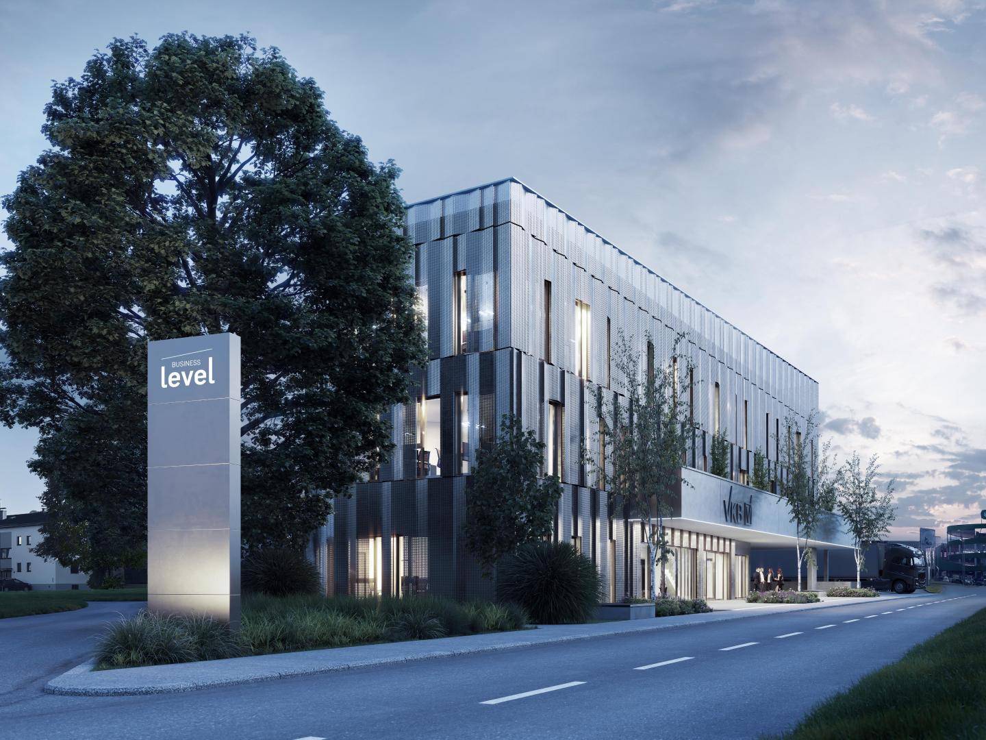 Visualisierung eines modernen Bürogebäudes in der Dämmerung mit beleuchteten Innenräumen und Straßenansicht.