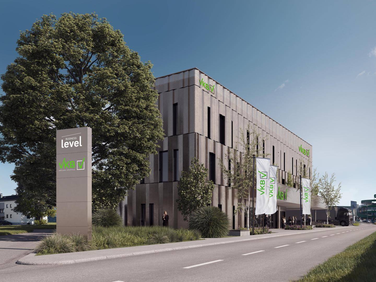 Moderne Bürogebäude-Visualisierung bei Tageslicht mit Firmenlogo, Beschilderung und grüner Umgebung.