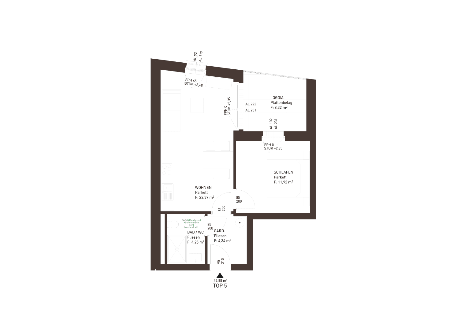 Grundriss einer Wohnung mit Wohnbereich, Schlafzimmer, Bad/WC und Loggia.