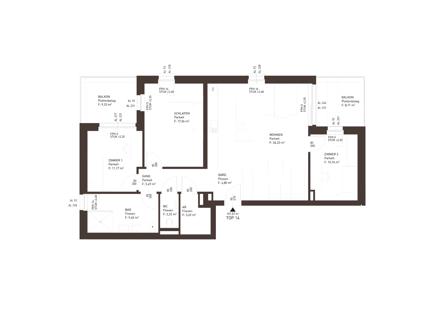 Grundriss einer modernen Wohnung mit zwei Balkonen und mehreren Zimmern.
