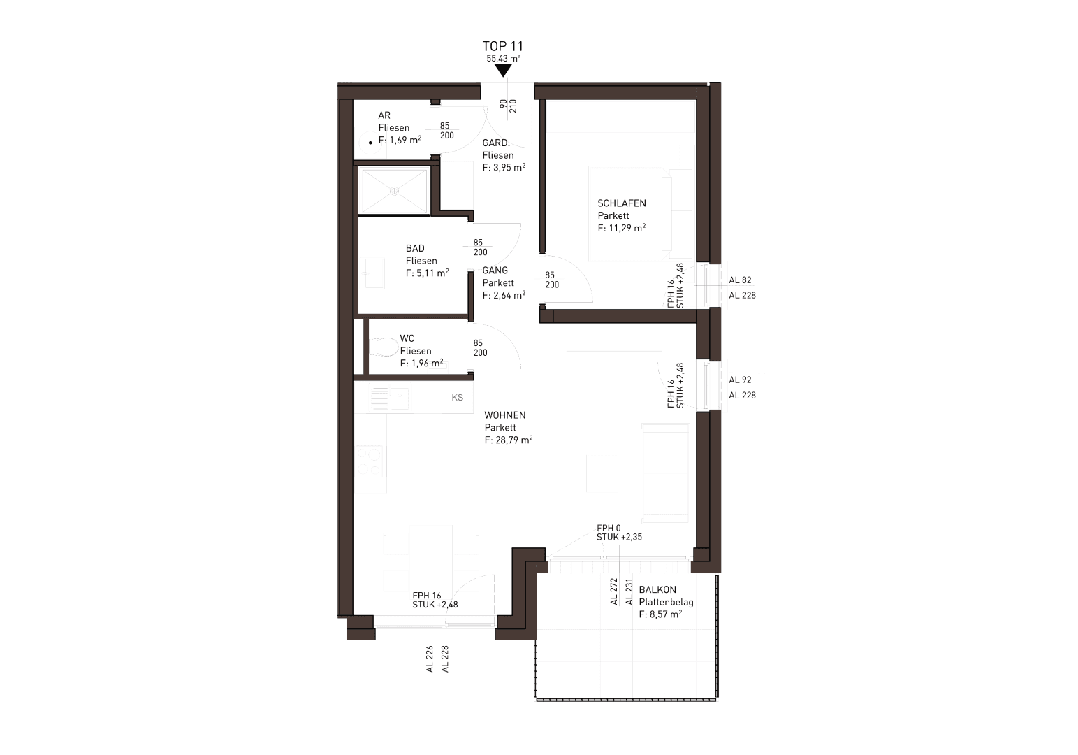 Grundriss einer Wohnung mit Schlafzimmer, Wohnbereich, Bad und Balkon.