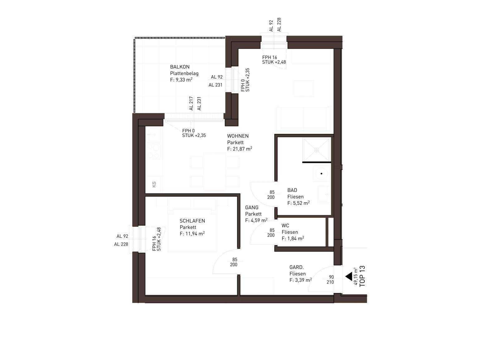 Grundriss einer Wohnung mit Balkon, Schlafzimmer, Wohnbereich, Bad und WC.