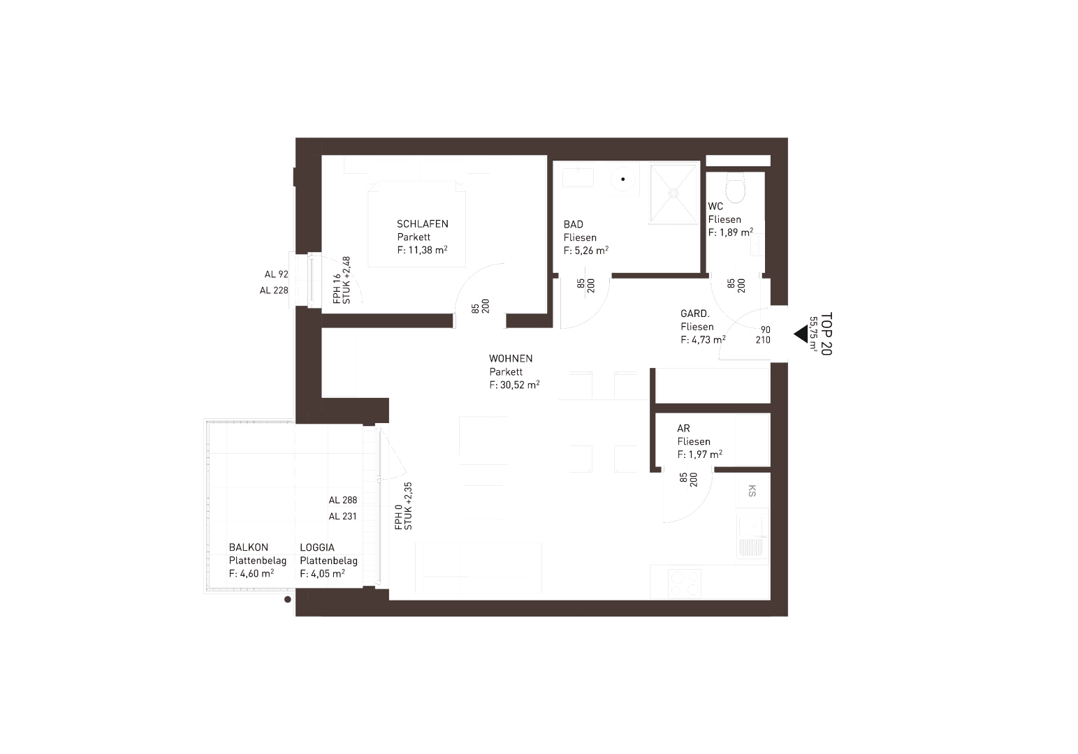 Grundriss einer Wohnung mit Schlafzimmer, Wohnbereich, Bad, WC und Balkon.