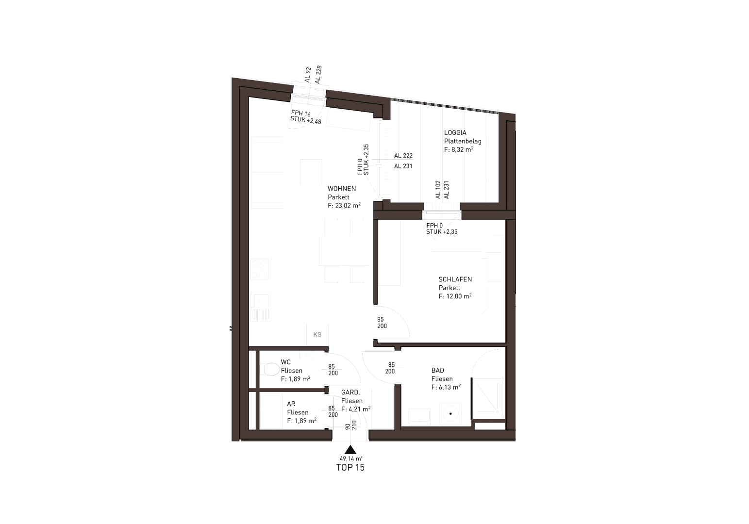 Grundriss einer Wohnung mit Wohnbereich, Schlafzimmer, Bad, WC und Loggia.