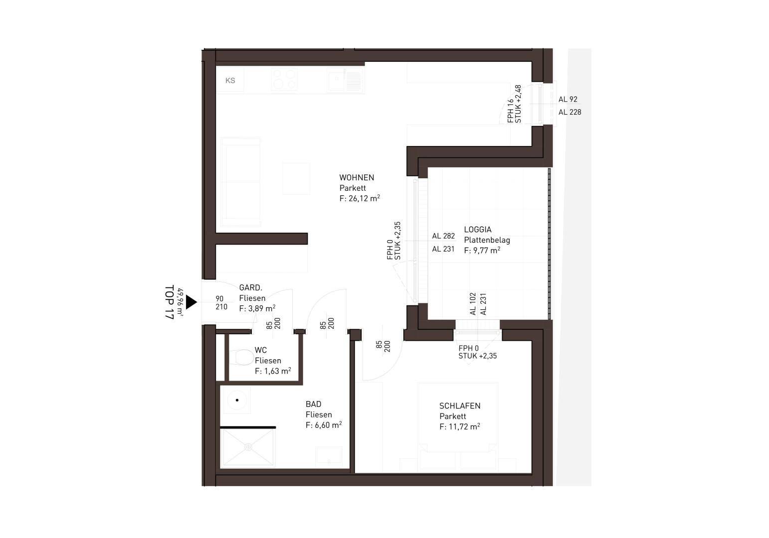 Grundriss einer Wohnung mit Wohnzimmer, Schlafzimmer, Bad, WC und Loggia.