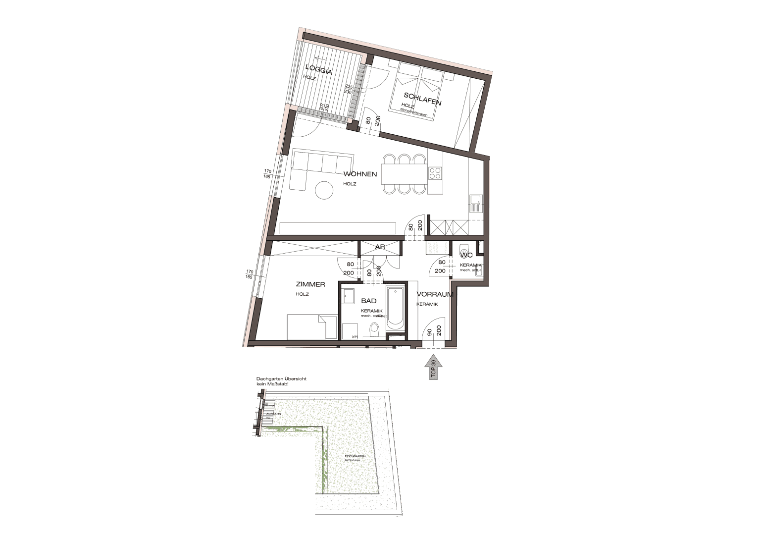 Grundriss einer Wohnung mit Wohnbereich, Schlafzimmern, Bad und Loggia.