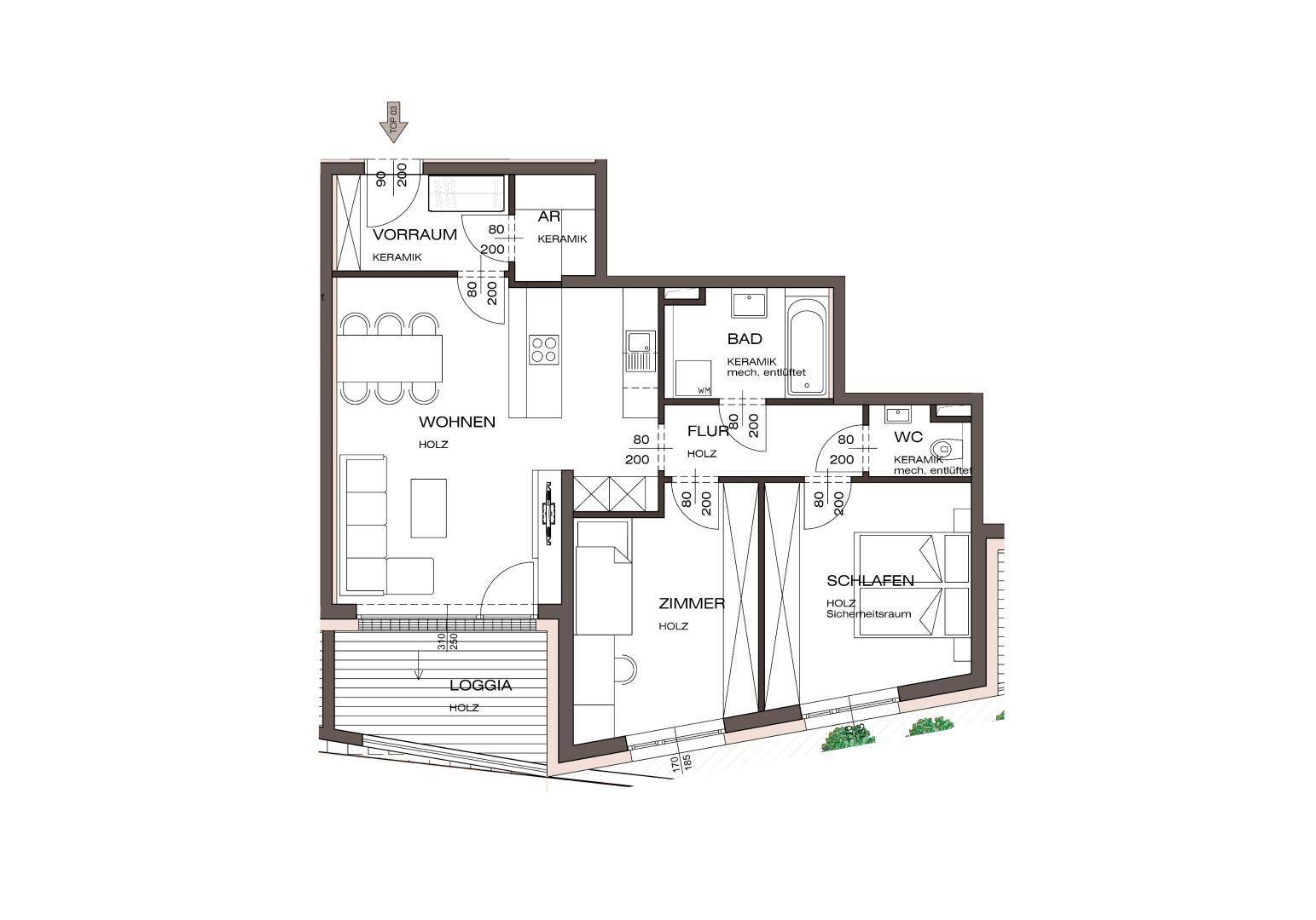 Detaillierter Grundriss einer Wohnung mit offenem Wohnbereich, Schlafzimmer und Loggia.