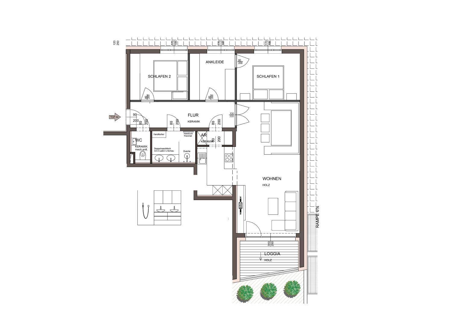 Detaillierter Grundriss mit zwei Schlafzimmern, Ankleide, Bad, WC und einer Loggia mit Rampenzugang.