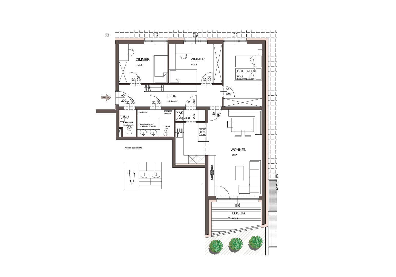 Grundriss einer Wohnung mit Schlafzimmern, Wohnbereich, Bad, WC und einer Loggia mit Rampenzugang.