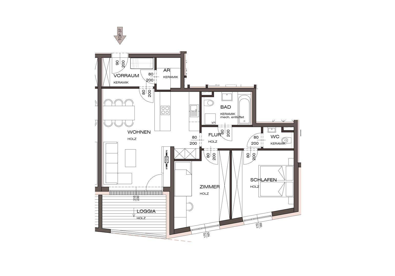Detaillierter Grundriss einer Wohnung mit offenem Wohnbereich, Schlafzimmer, Bad, WC und Loggia.