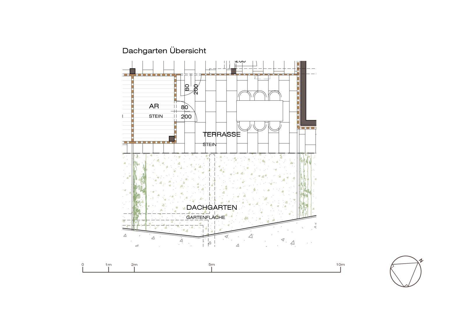 Ausschnitt des Grundrisses mit Dachgarten und großzügiger Terrasse, detailliert dargestellt.