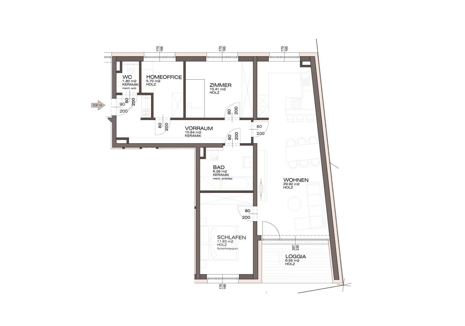 Detaillierter Grundriss einer Wohnung mit separaten Räumen und einer Loggia.