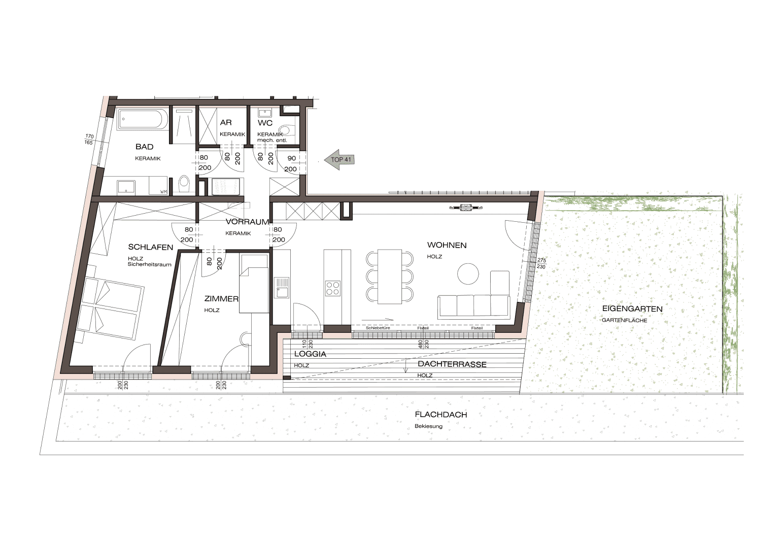 Grundriss einer Wohnung mit Loggia, Dachterrasse und eigenem Gartenbereich.
