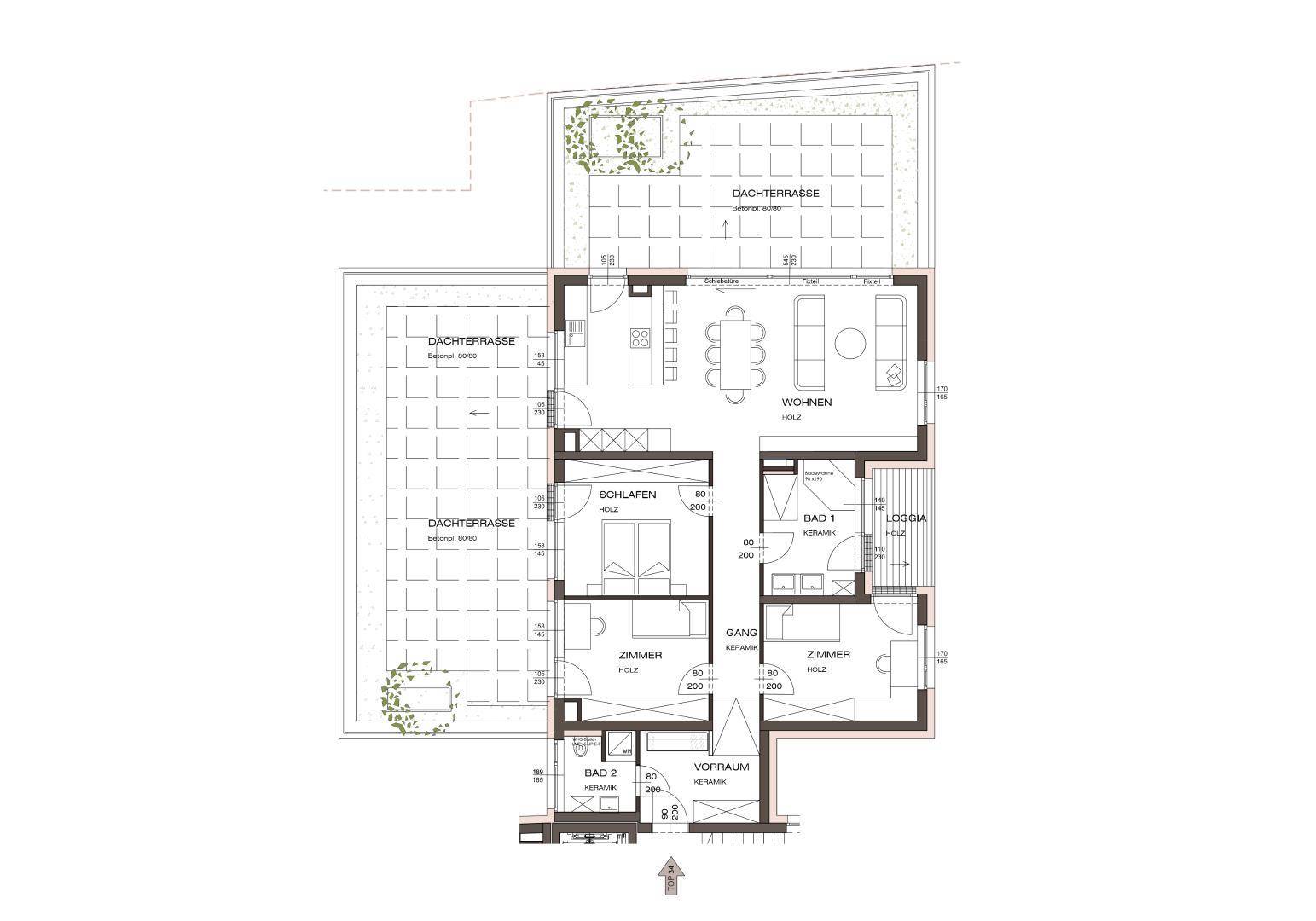 Detaillierter Grundriss einer Wohnung mit Dachterrasse, Loggia und mehreren Zimmern.