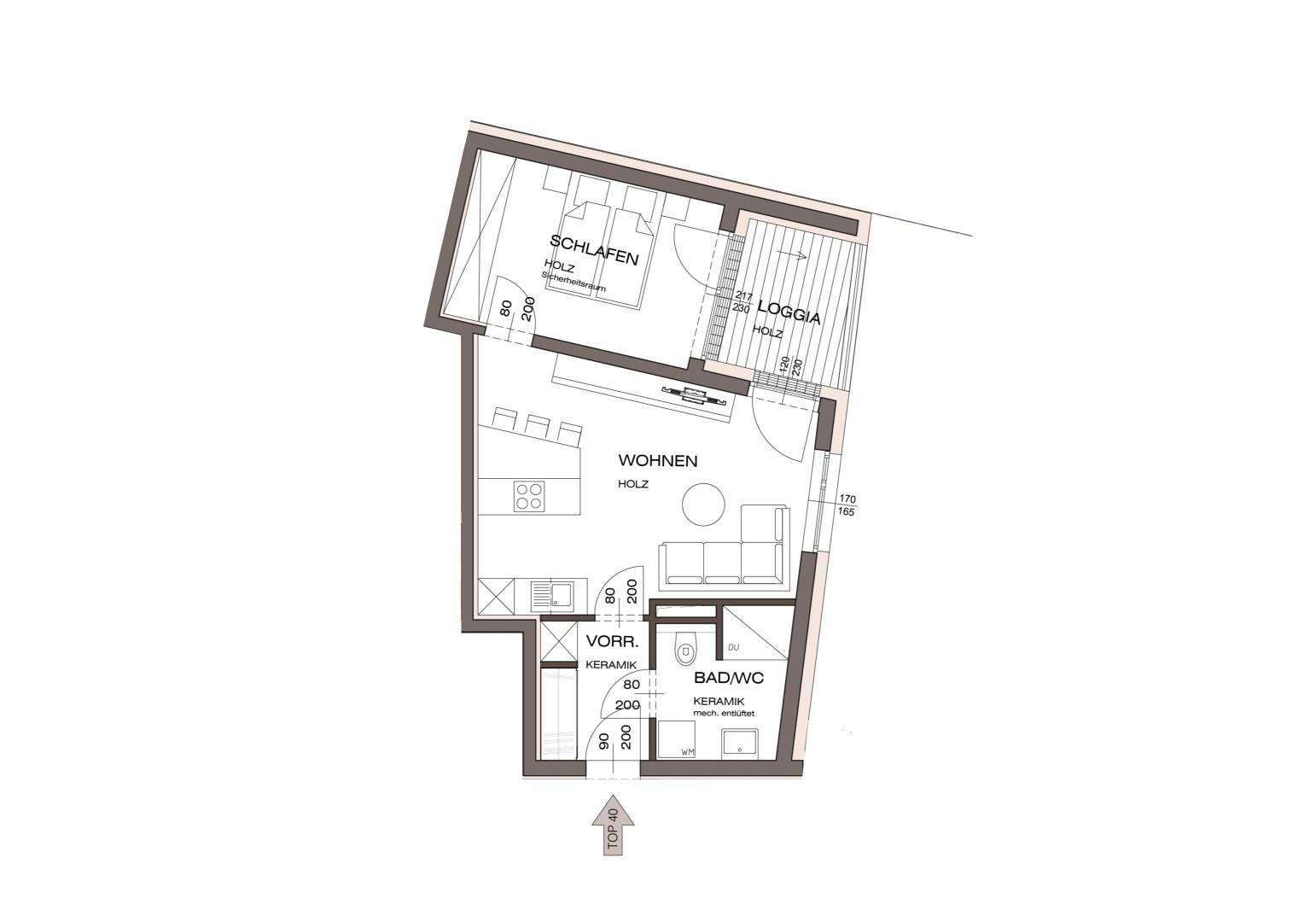Grundriss einer Wohnung mit Schlafzimmer, Wohnbereich, Loggia und Bad/WC.