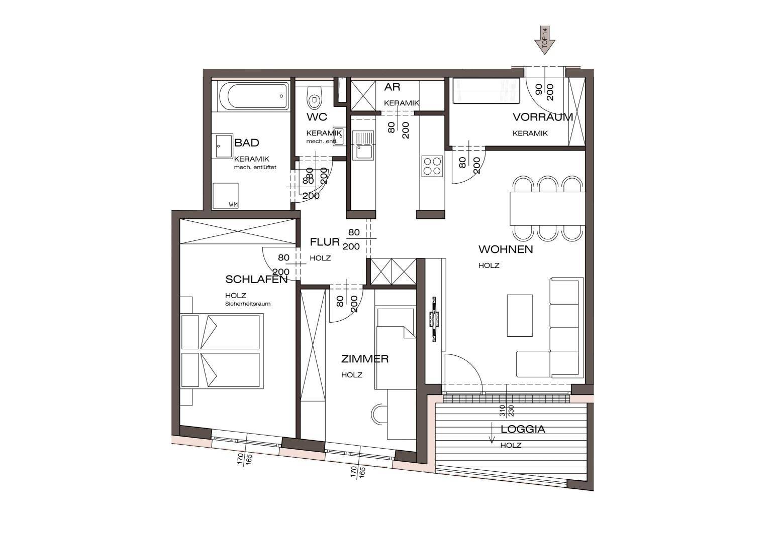 Detaillierter Grundriss einer Wohnung mit Wohnbereich, Schlafzimmern und Loggia.