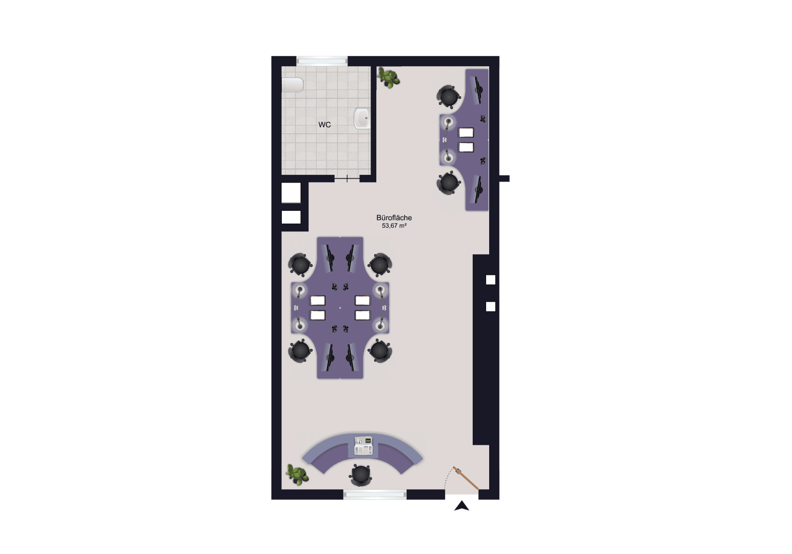Grundriss einer Bürofläche von 53,67 m² mit Empfangsbereich, WC und mehreren Arbeitsplätzen.