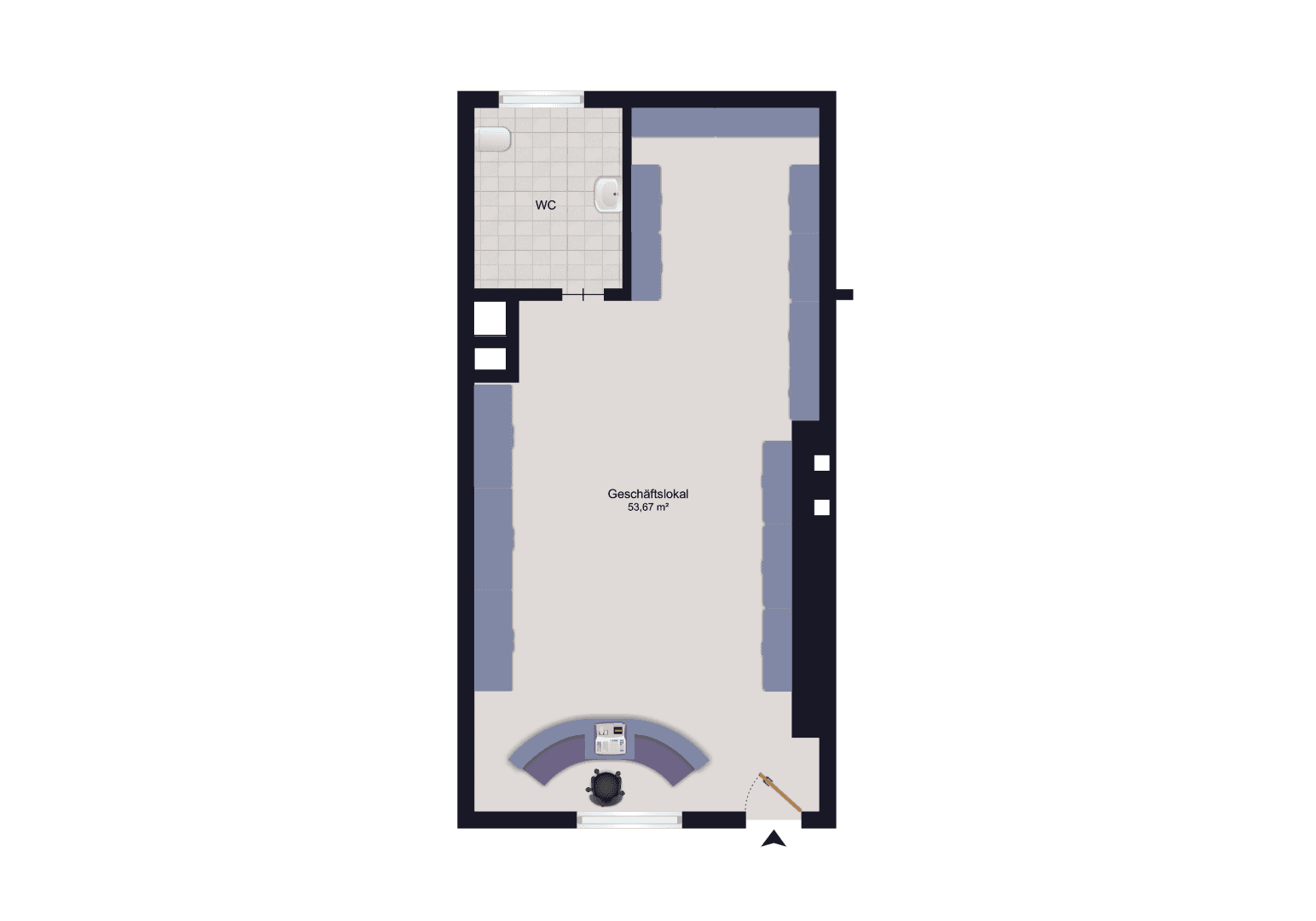 Grundriss eines Geschäftslokals von 53,67 m² mit Empfangstheke und WC, flexibel gestaltbar.