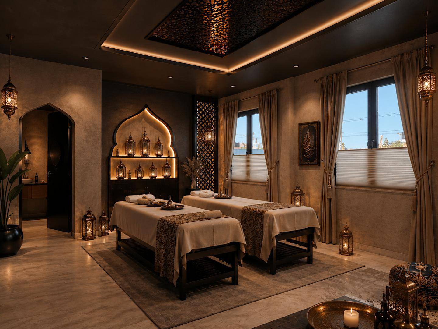 Luxuriöser Spa-Raum im orientalischen Stil mit zwei Massageliegen, Laternen und indirekter Deckenbeleuchtung.