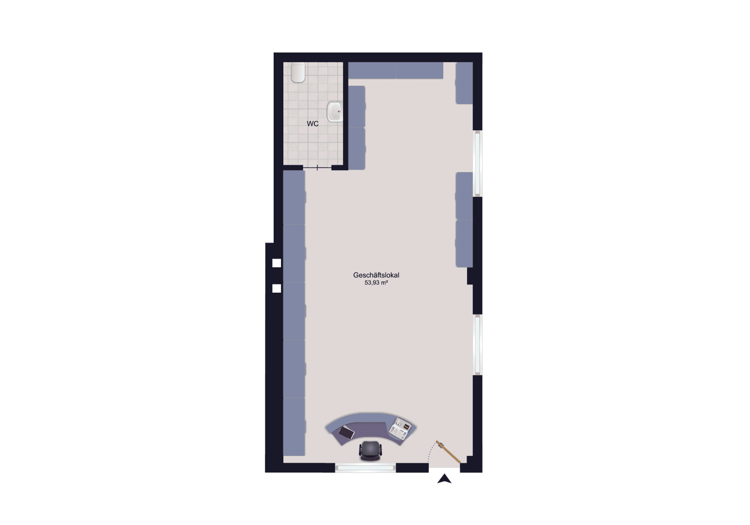 Grundriss eines Geschäftslokals von 53,67 m² mit Empfangstheke und WC, ideal für Einzelhandel.