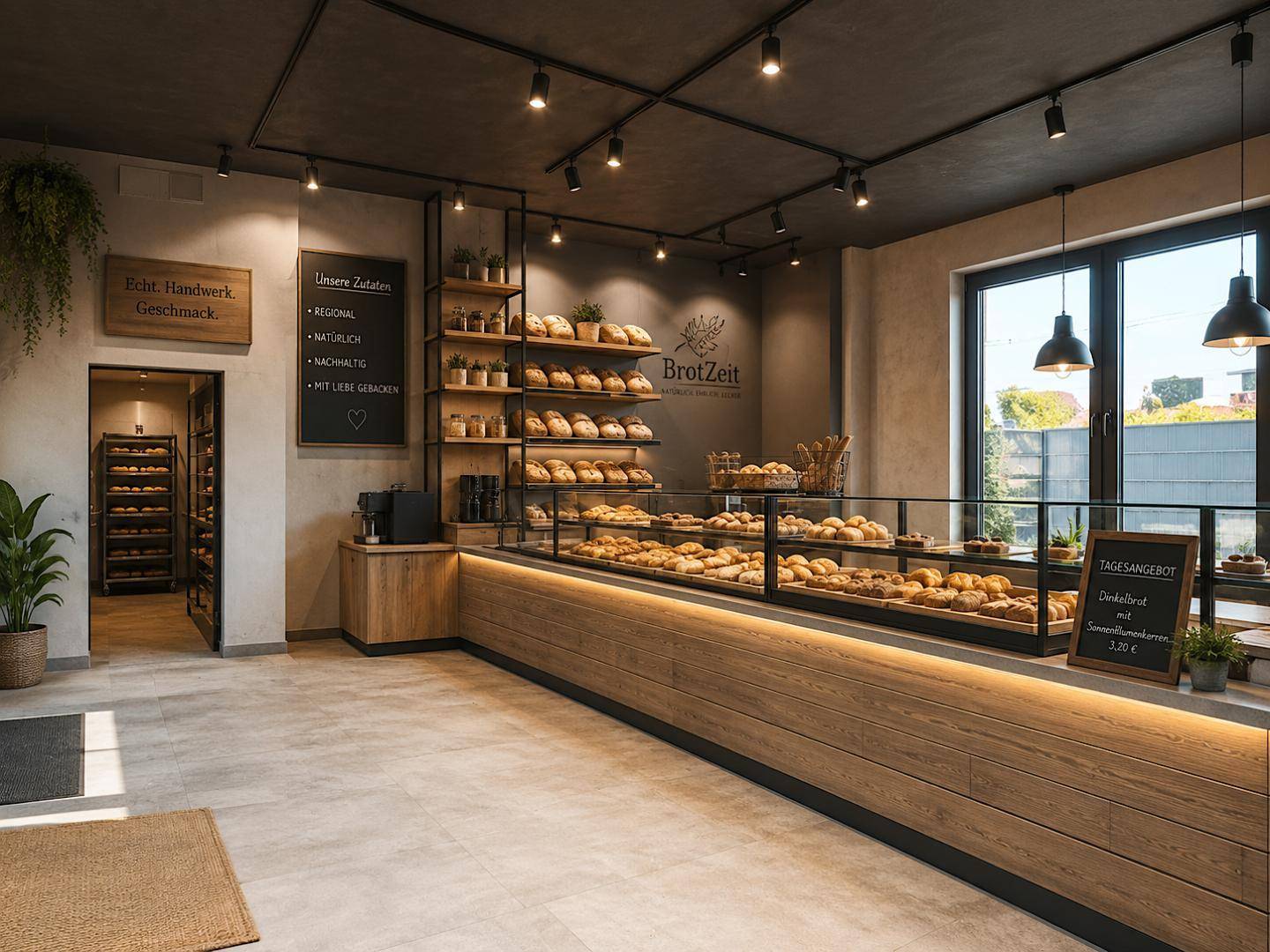 Helle Bäckerei mit Holztheke, Auslagen voller Backwaren und modernen Pendelleuchten über dem Tresen.
