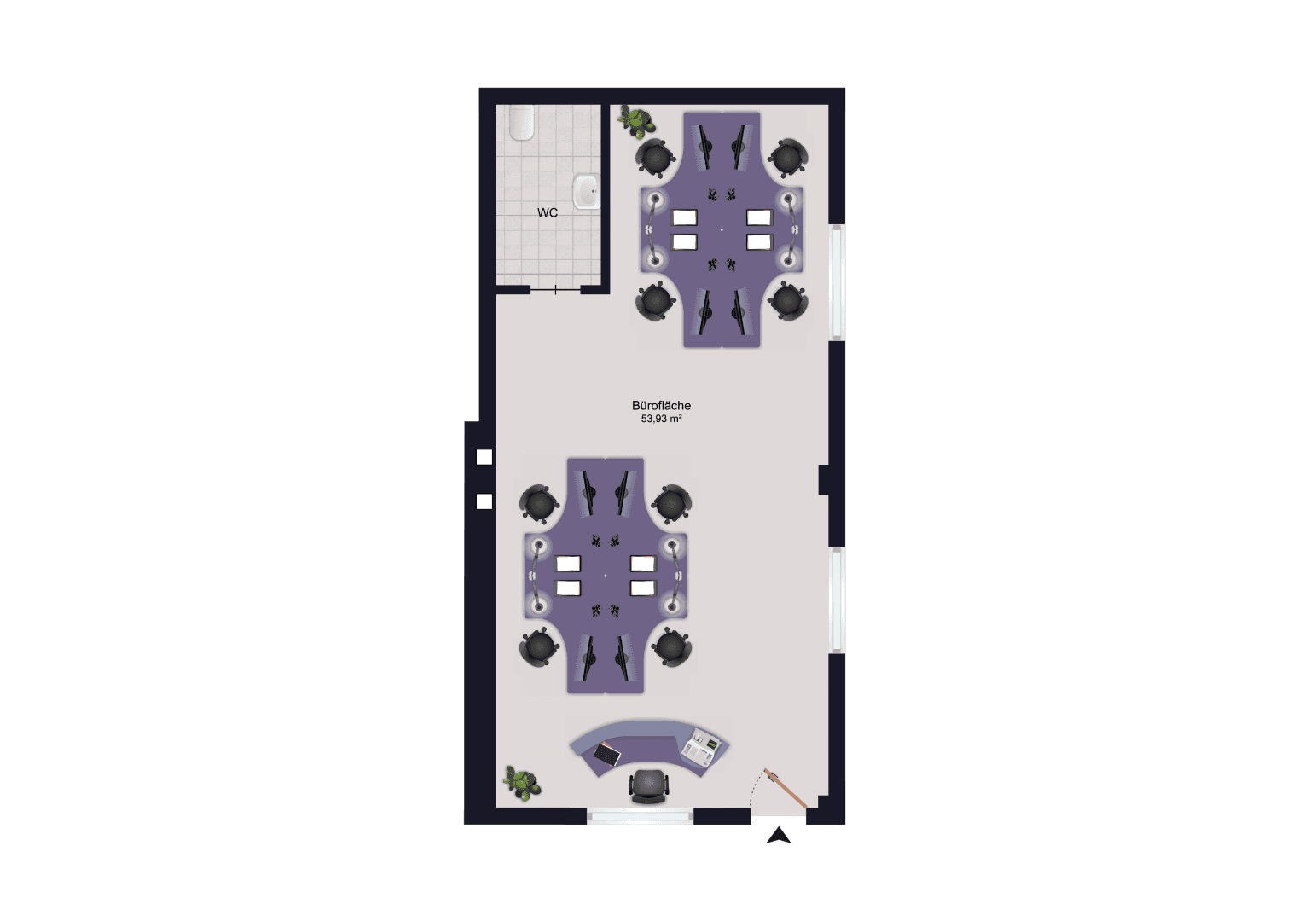 Grundriss einer Bürofläche von 53,67 m² mit Empfangsbereich, WC und flexibler Arbeitsplatzanordnung.