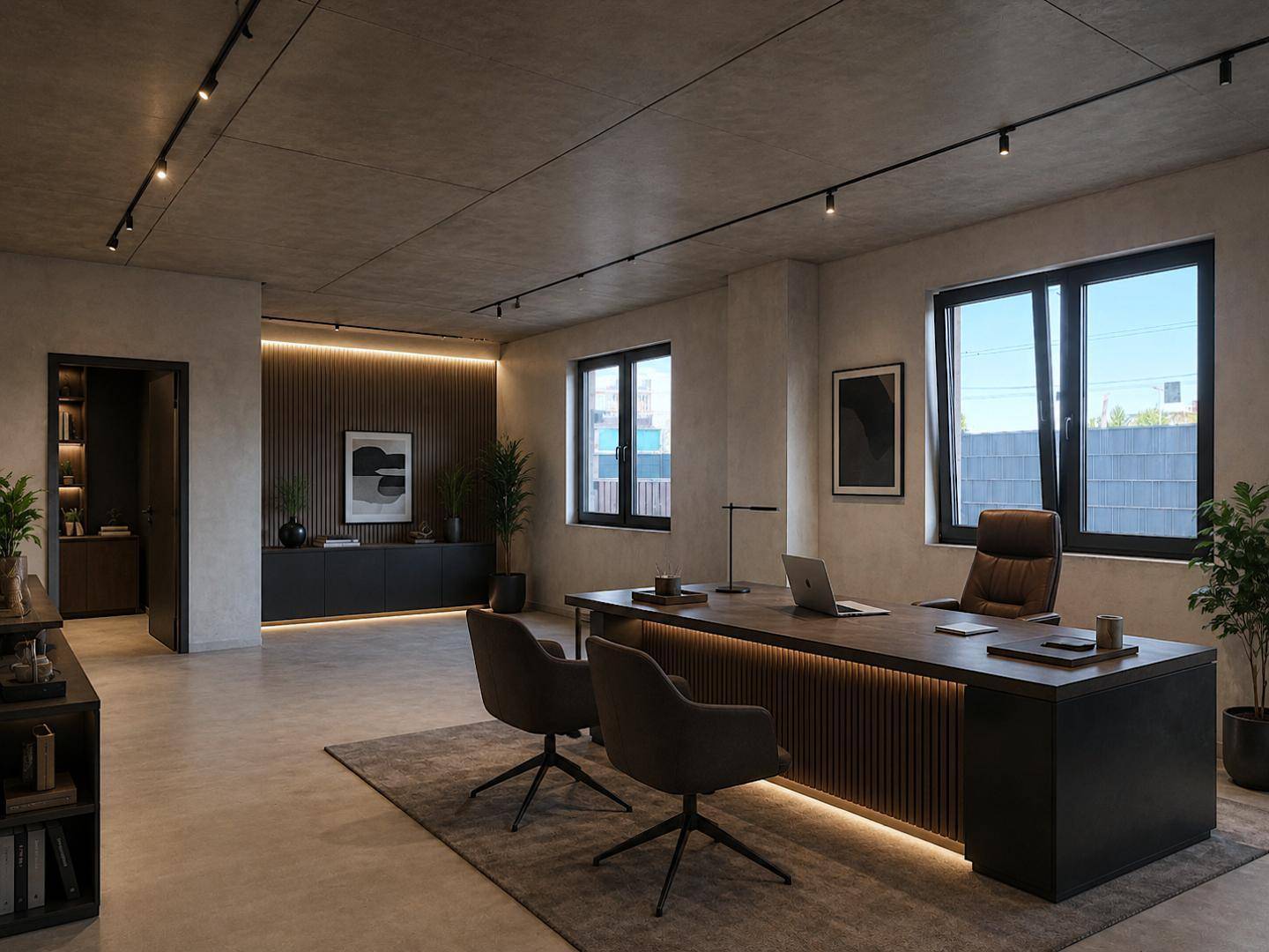 Modernes Büro mit großem Schreibtisch, indirekter Beleuchtung und minimalistischer Einrichtung in dunklen Tönen.