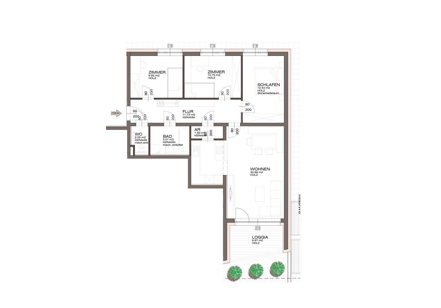 Grundrissplan einer Wohnung mit drei Zimmern, Bad, WC und einer Loggia.
