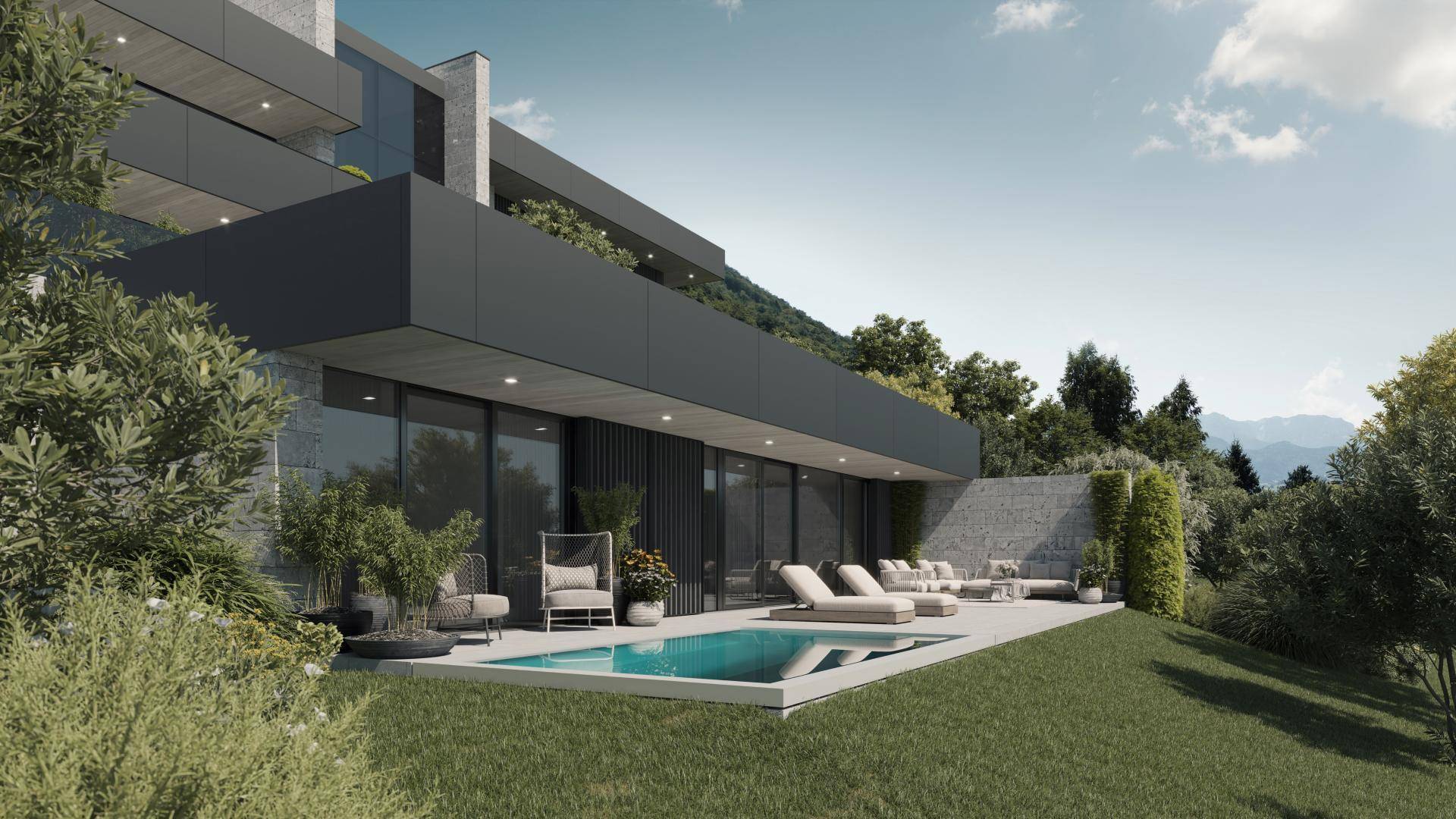 Moderne Terrasse mit Infinity-Pool, Liegestühlen und Blick auf die grüne Landschaft.