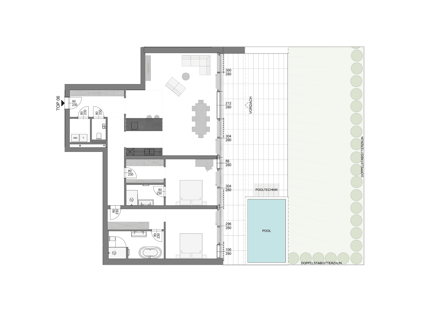 Grundriss einer Wohneinheit mit offenem Wohnbereich, zwei Schlafzimmern und Pool.