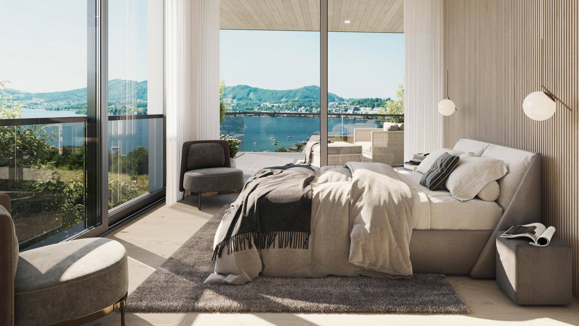 Helles Schlafzimmer mit raumhohen Fenstern, Seeblick und modernem Design.