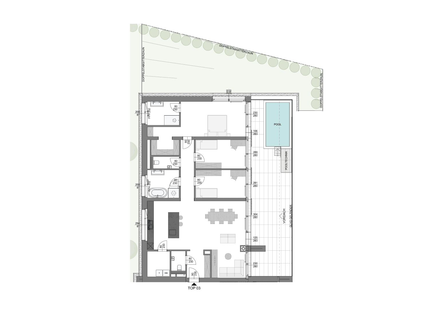 Grundriss einer Wohneinheit mit mehreren Schlafzimmern, Bädern und Pool.