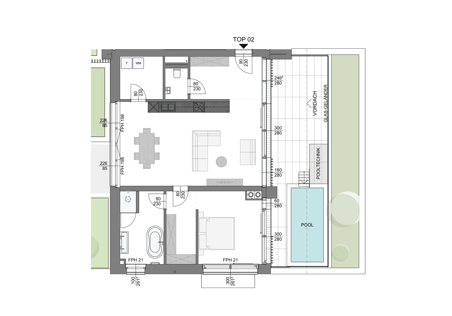 Grundriss einer Wohnung mit offenem Wohnbereich, Schlafzimmer, Bad und direktem Zugang zum Pool.