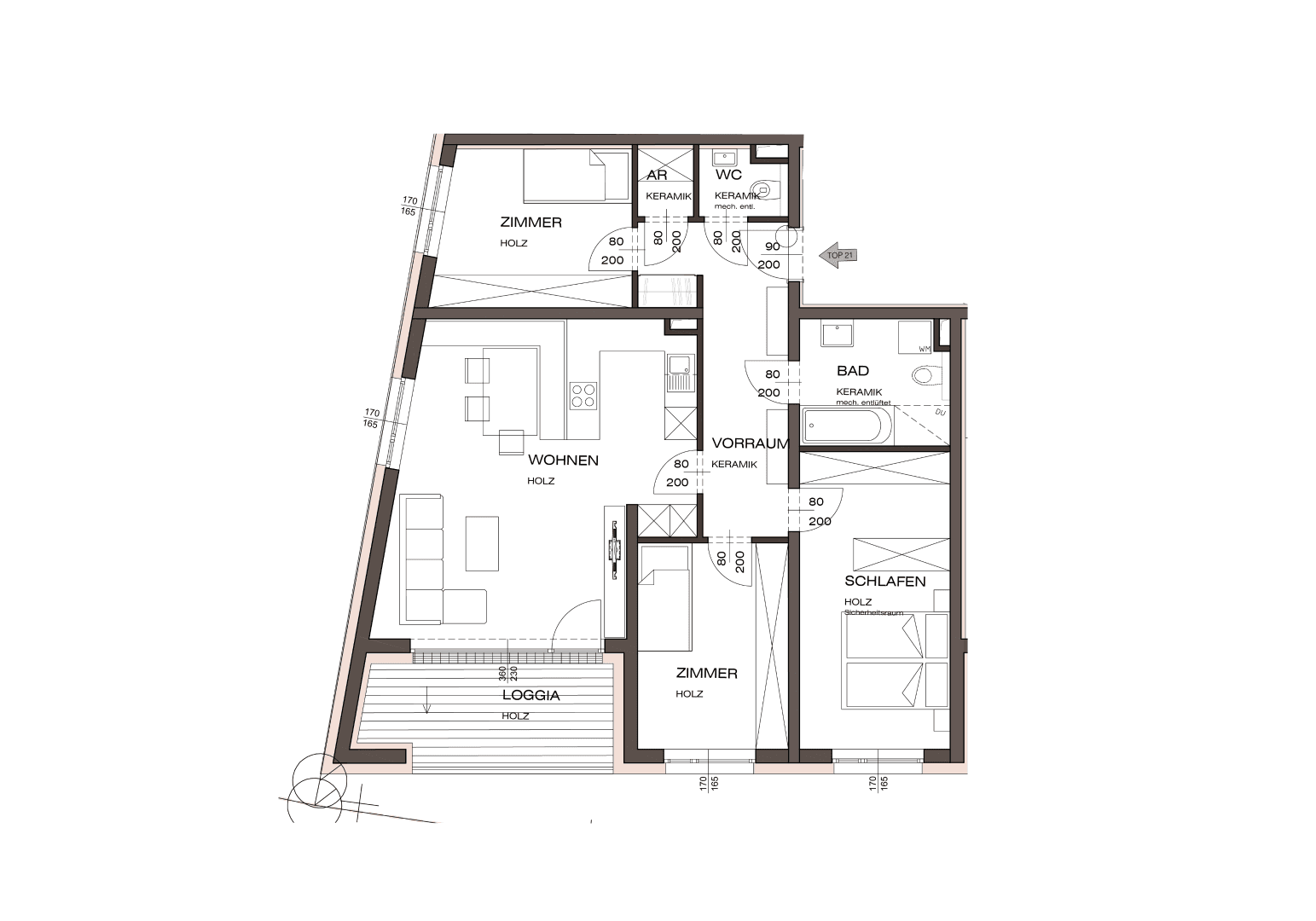 Übersichtlicher Grundriss einer Wohnung mit Wohnbereich, zwei Zimmern, Bad und Loggia.