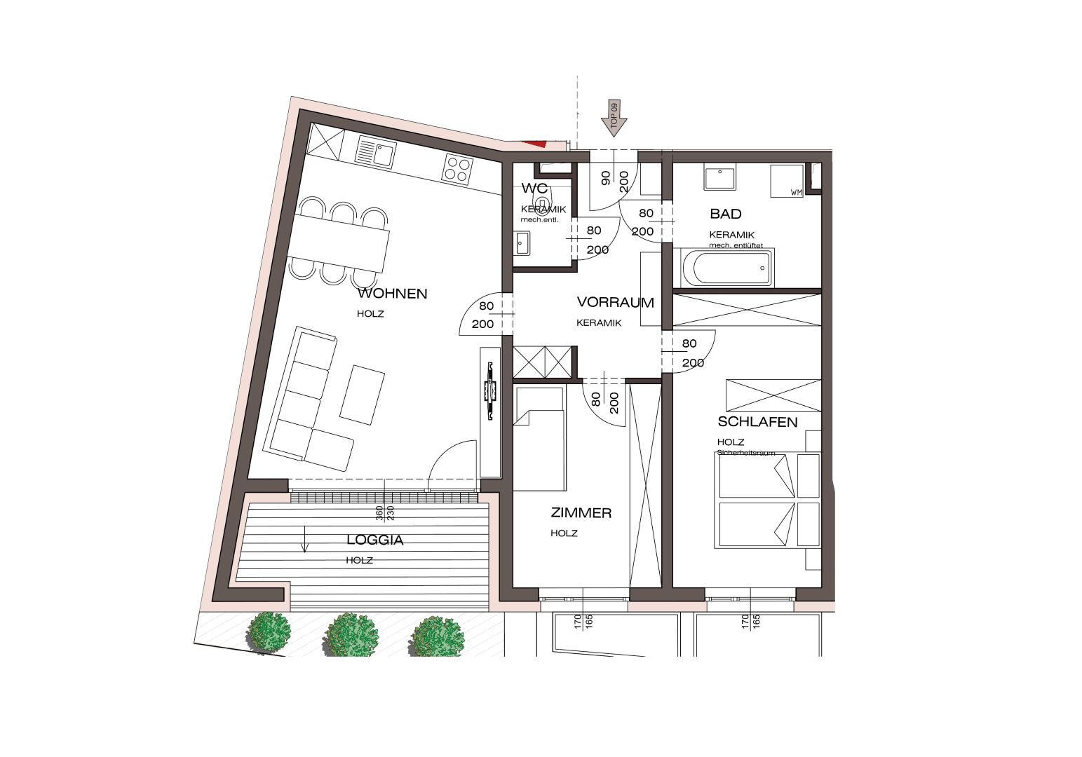 Detaillierter Grundriss einer Wohnung mit Wohnbereich, Schlafzimmer, Bad und Loggia.