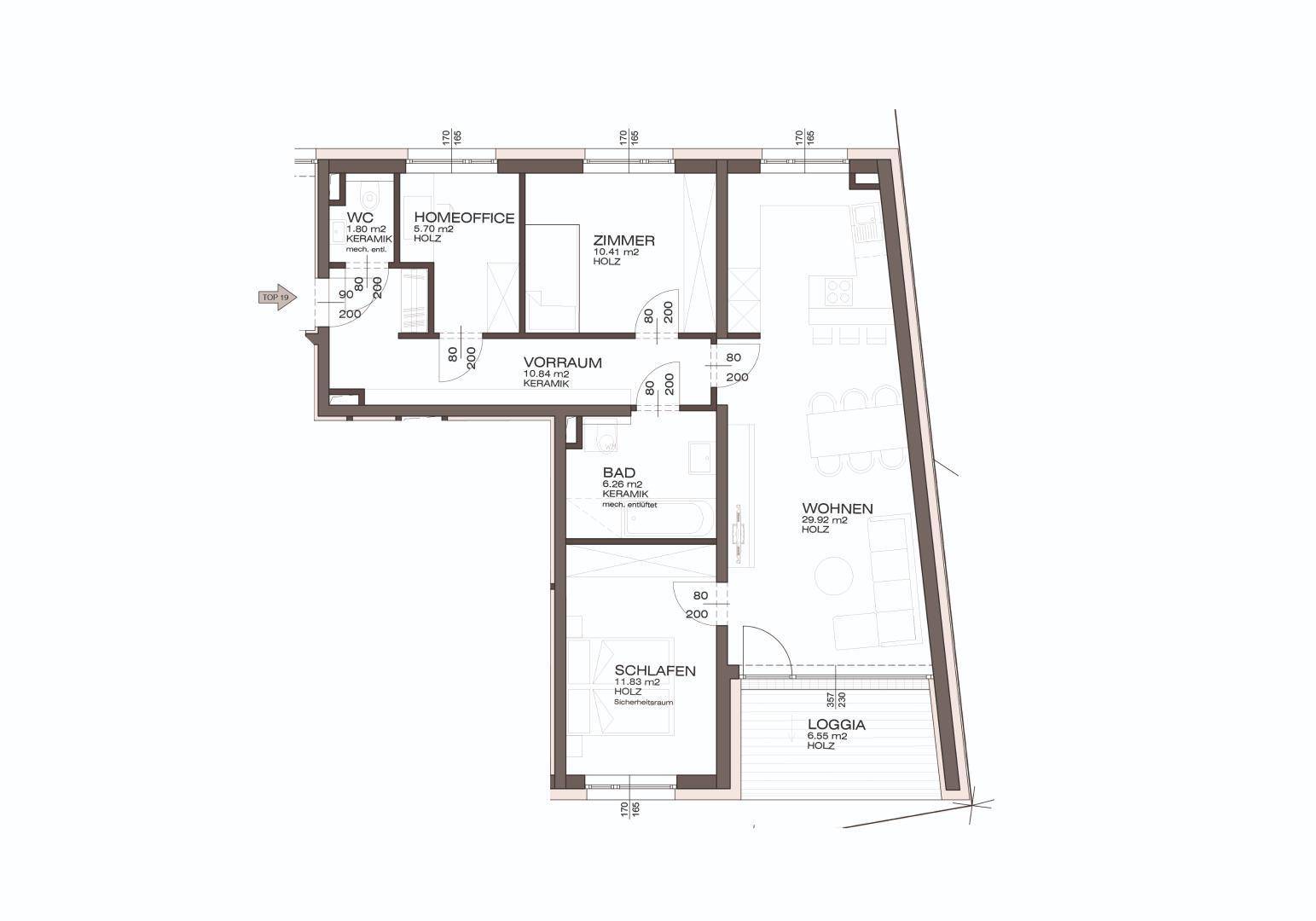 Grundriss einer Wohnung mit Homeoffice, Schlafzimmer, Wohnbereich und Loggia.