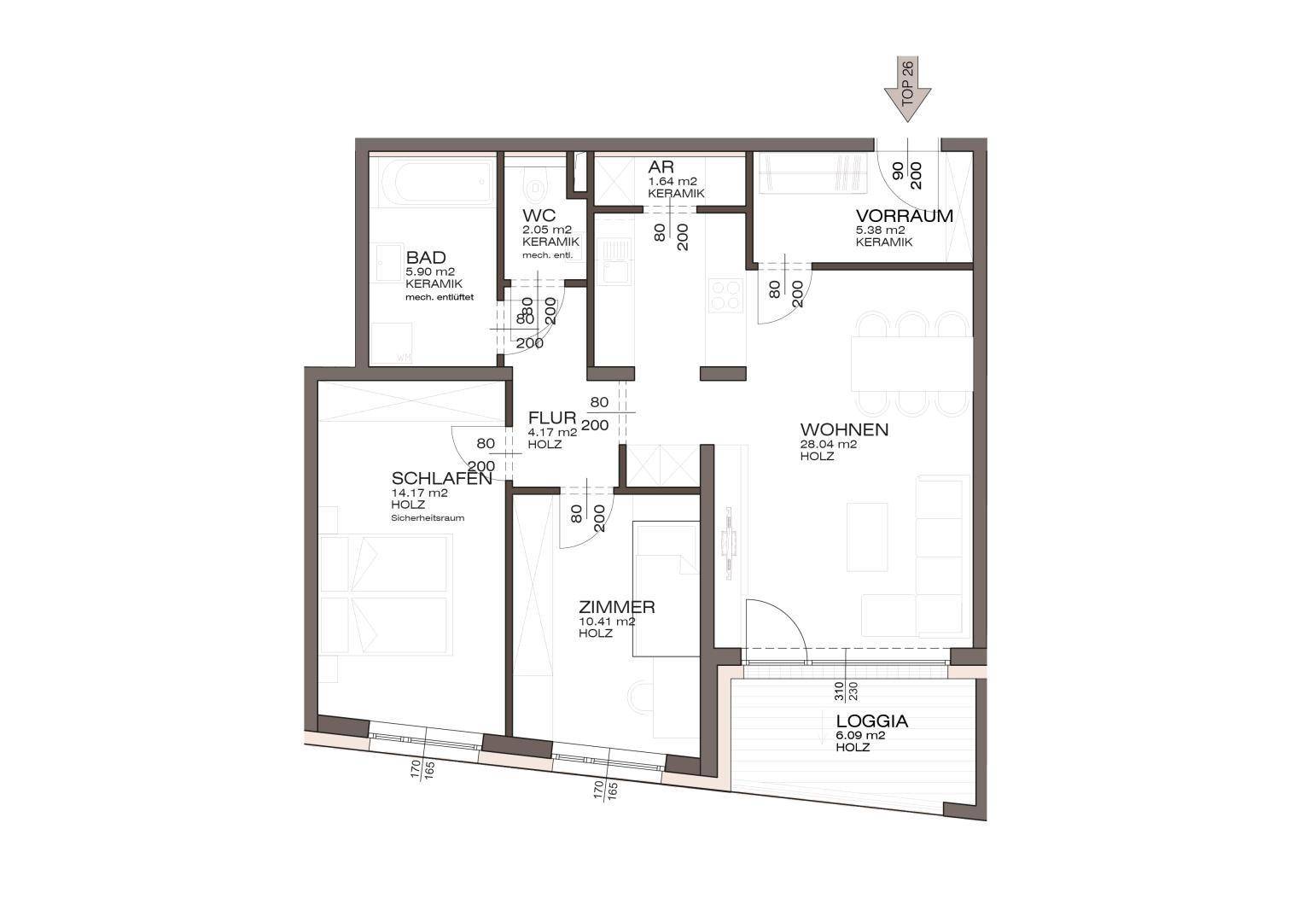 Grundriss einer modernen Wohnung mit drei Zimmern, separatem Bad, WC und einer Loggia.