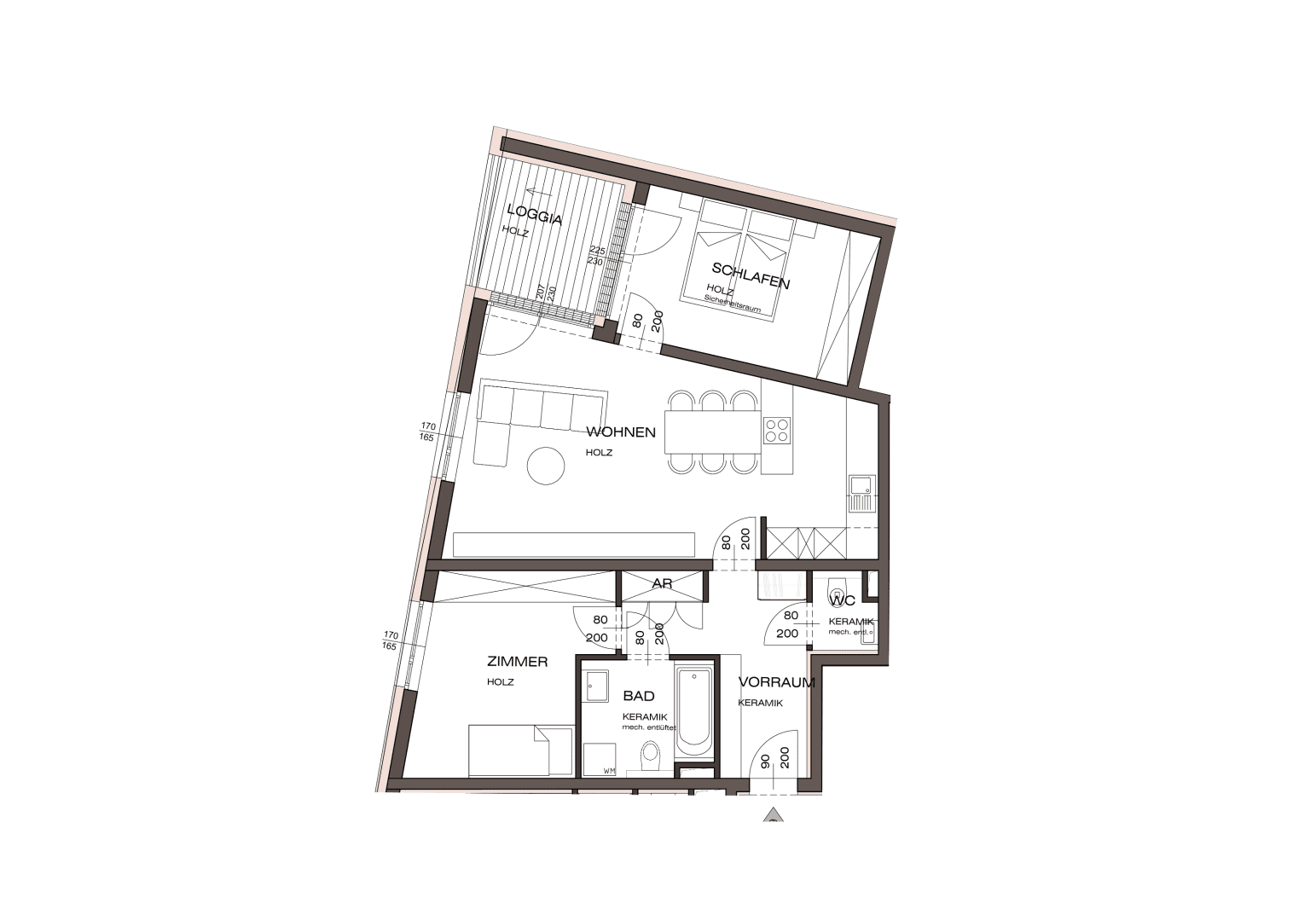 Grundriss einer Wohnung mit Loggia, zwei Schlafzimmern und offenem Wohnbereich.
