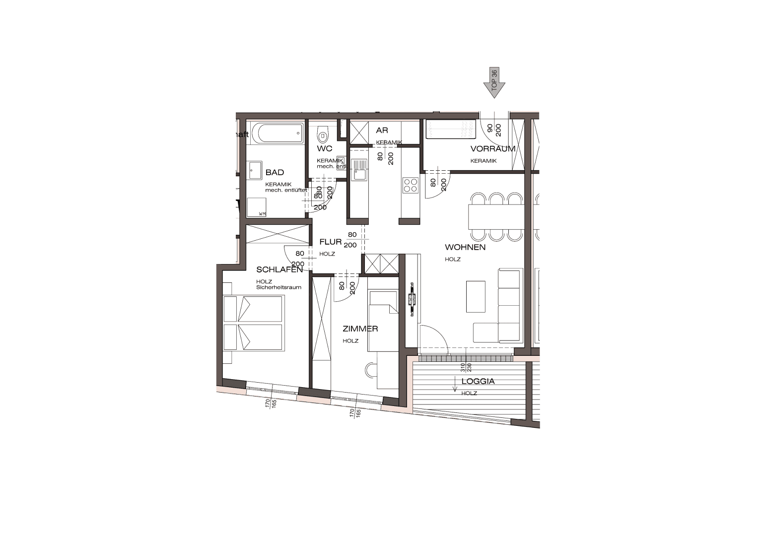 Detaillierter Grundriss einer Wohnung mit Schlafzimmer, Bad, Wohnbereich und Loggia.