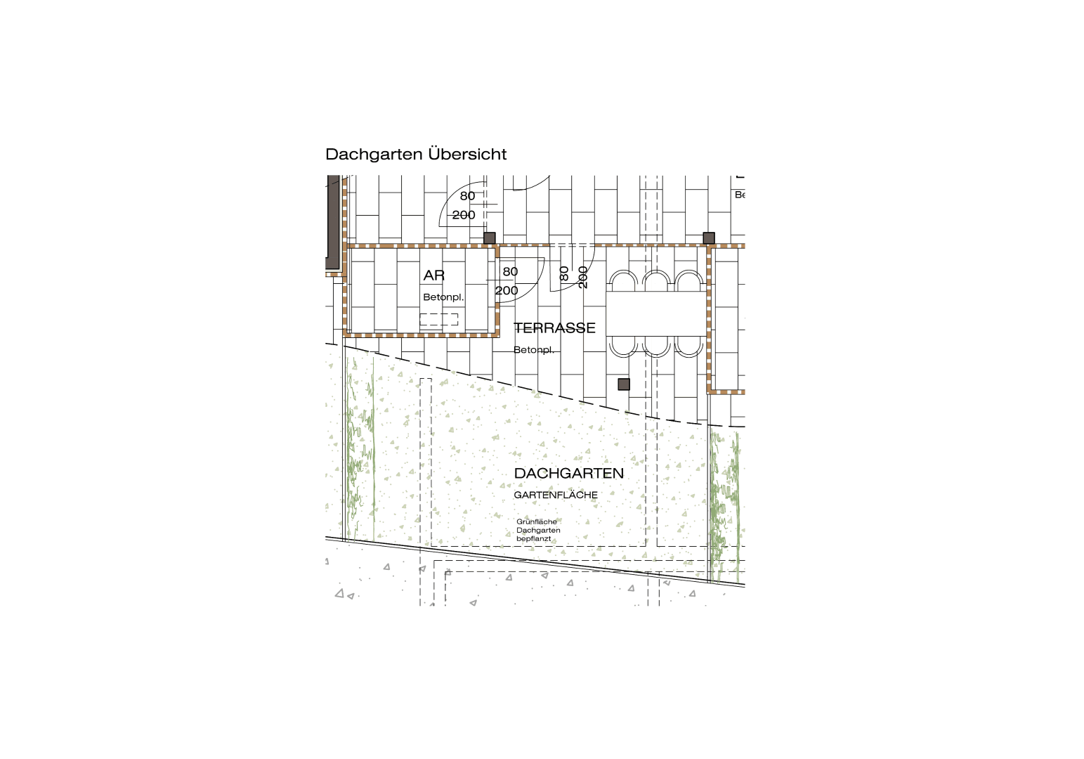 Grundrissübersicht des Dachgartens mit Terrasse und Grünfläche.
