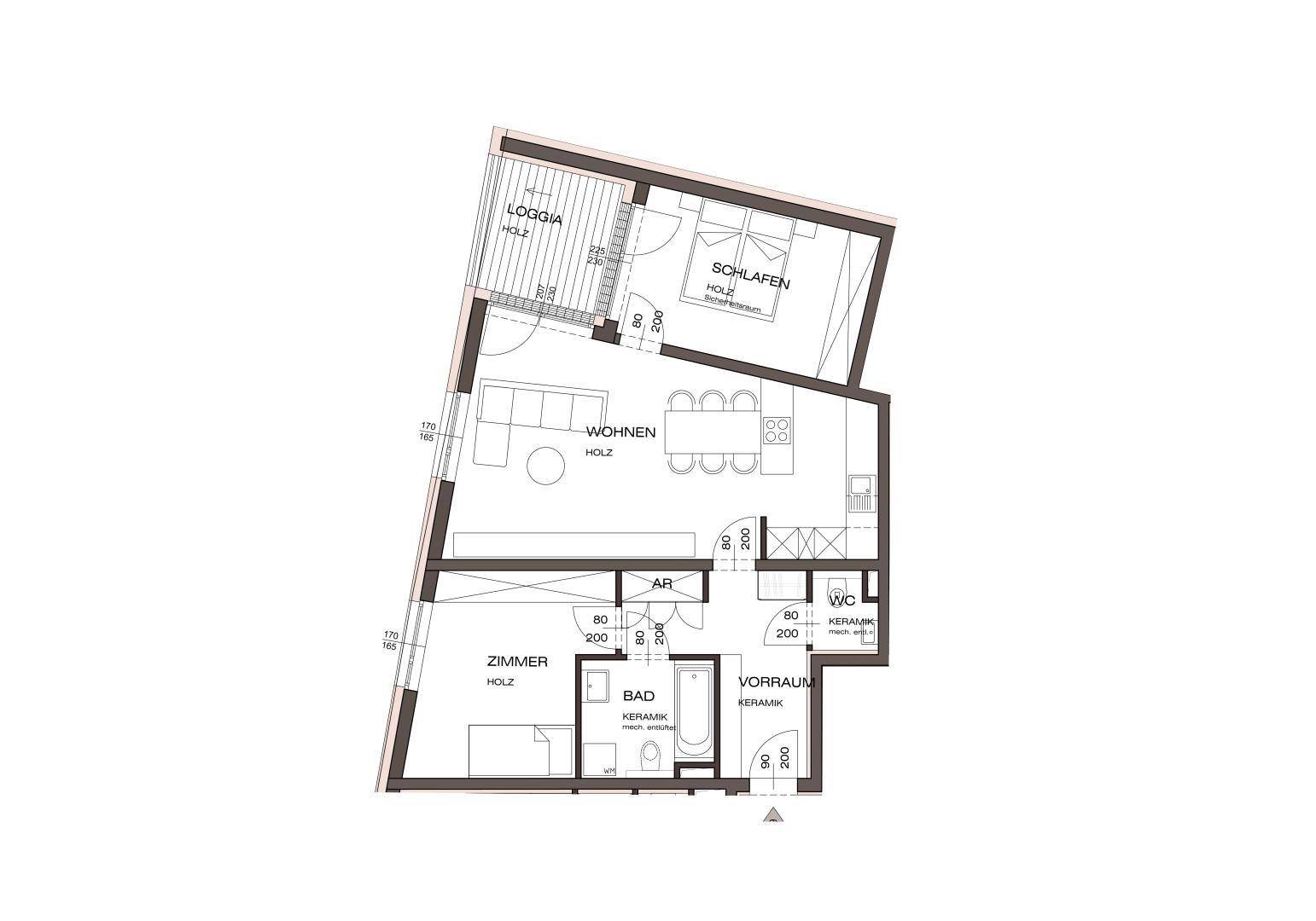 Grundriss einer Wohnung mit Loggia, Schlafzimmer und offenem Wohnbereich.