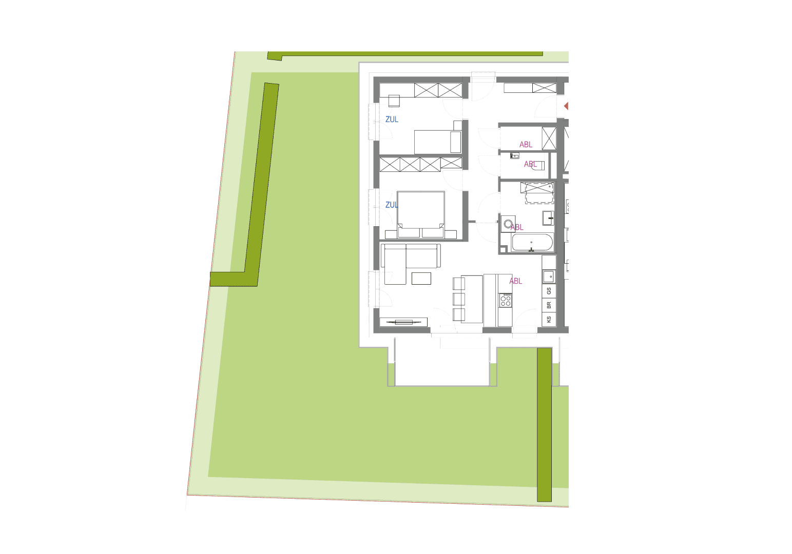 Detaillierter Grundriss einer Wohnung mit Gartenanteil und offener Raumaufteilung.