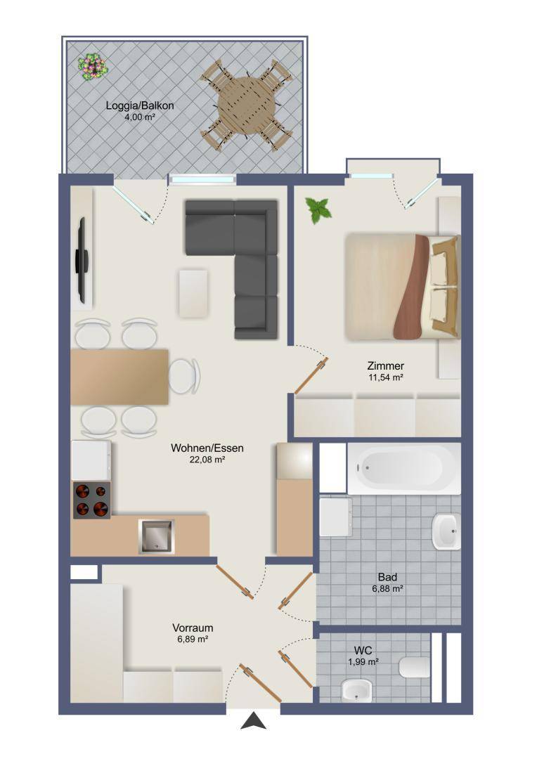 Übersichtlicher Grundriss einer Wohnung mit Wohn-Essbereich, Schlafzimmer und Loggia.
