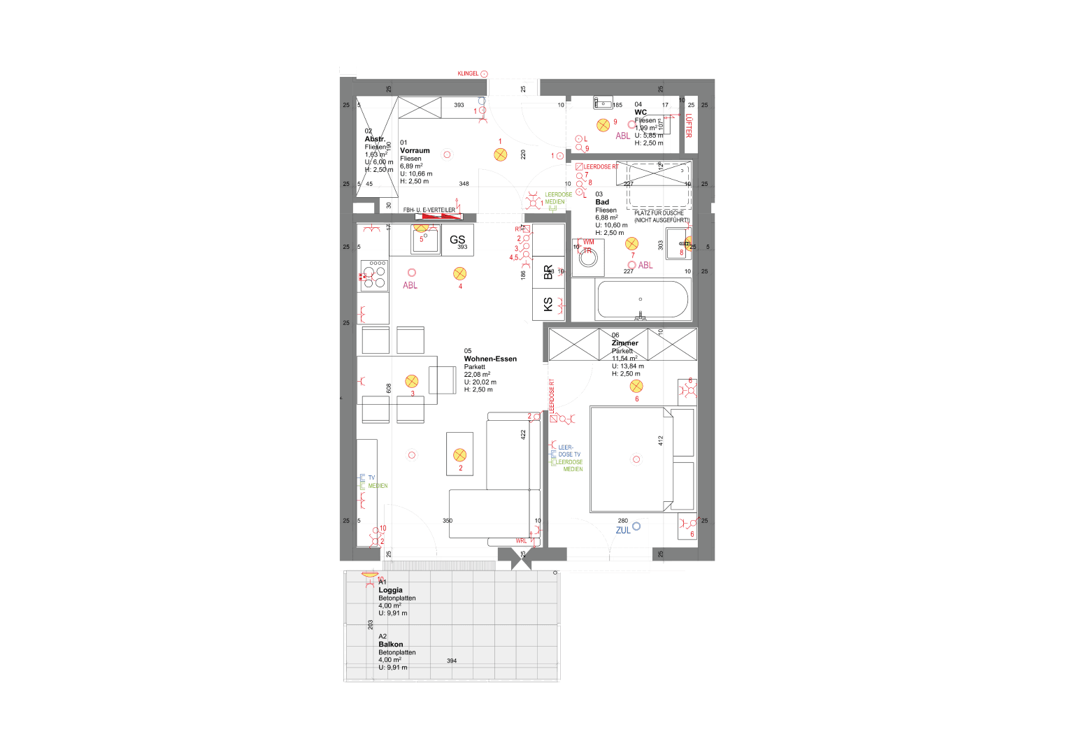 Detaillierter Grundriss einer Wohnung mit Wohn-Essbereich, Schlafzimmer und Loggia.