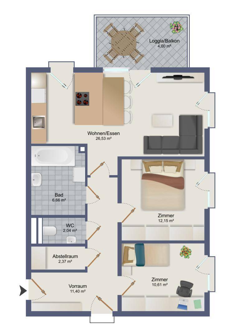 Möblierter Grundriss einer Wohnung mit offenem Wohn-Essbereich und Loggia/Balkon.