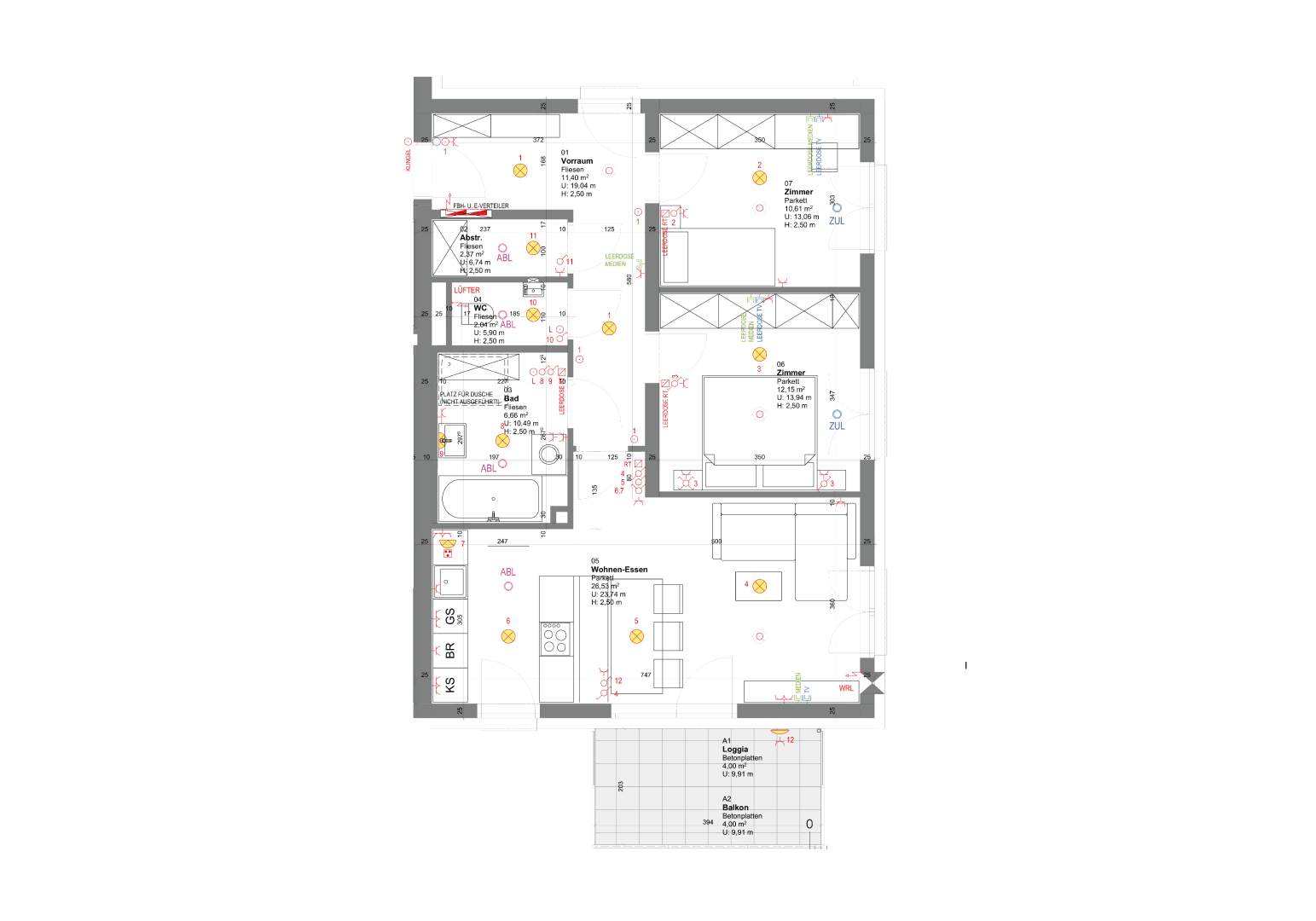 Detaillierter Grundriss mit Raumaufteilung, Elektroinstallationen und Flächenangaben.