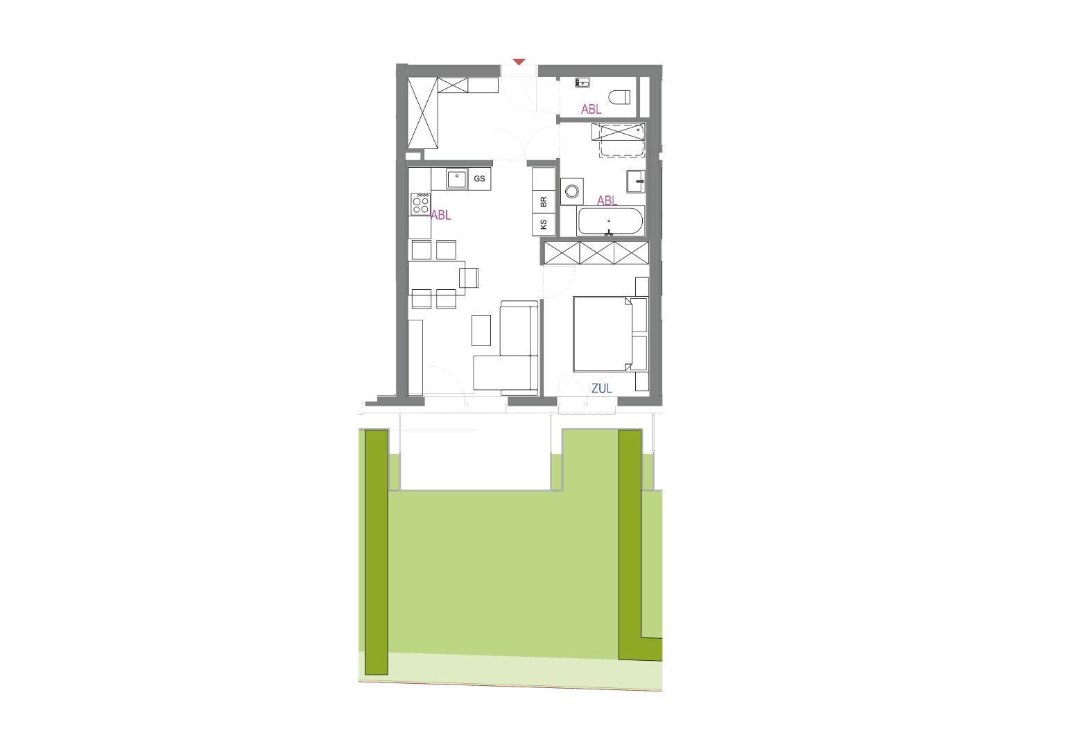 Grundriss einer Erdgeschosswohnung mit Gartenanteil und effizienter Raumaufteilung.