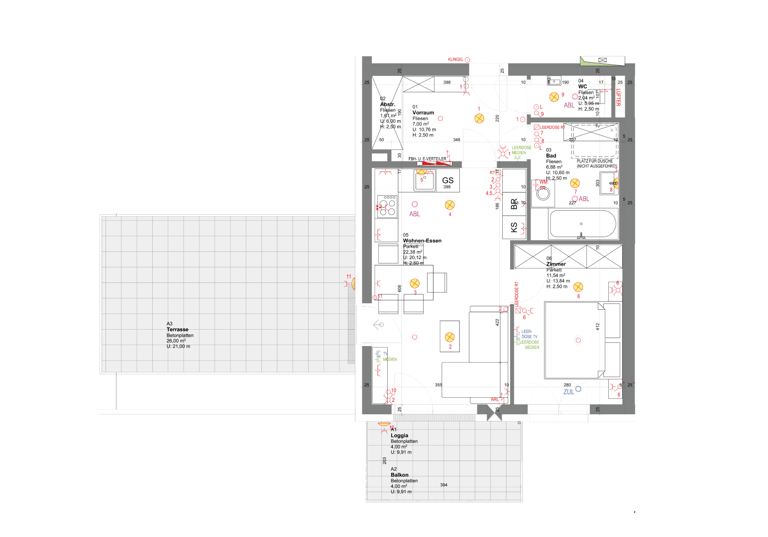 Detaillierter Grundriss einer Wohnung mit Terrasse, Loggia und Balkon.