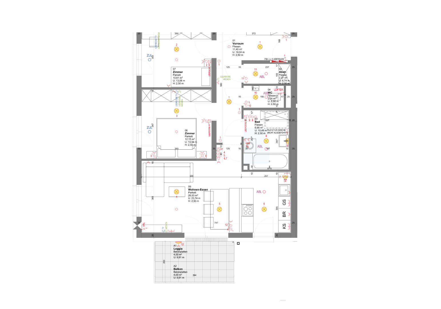 Technischer Grundriss einer Wohnung mit Wohn-Essbereich, zwei Zimmern und Loggia.
