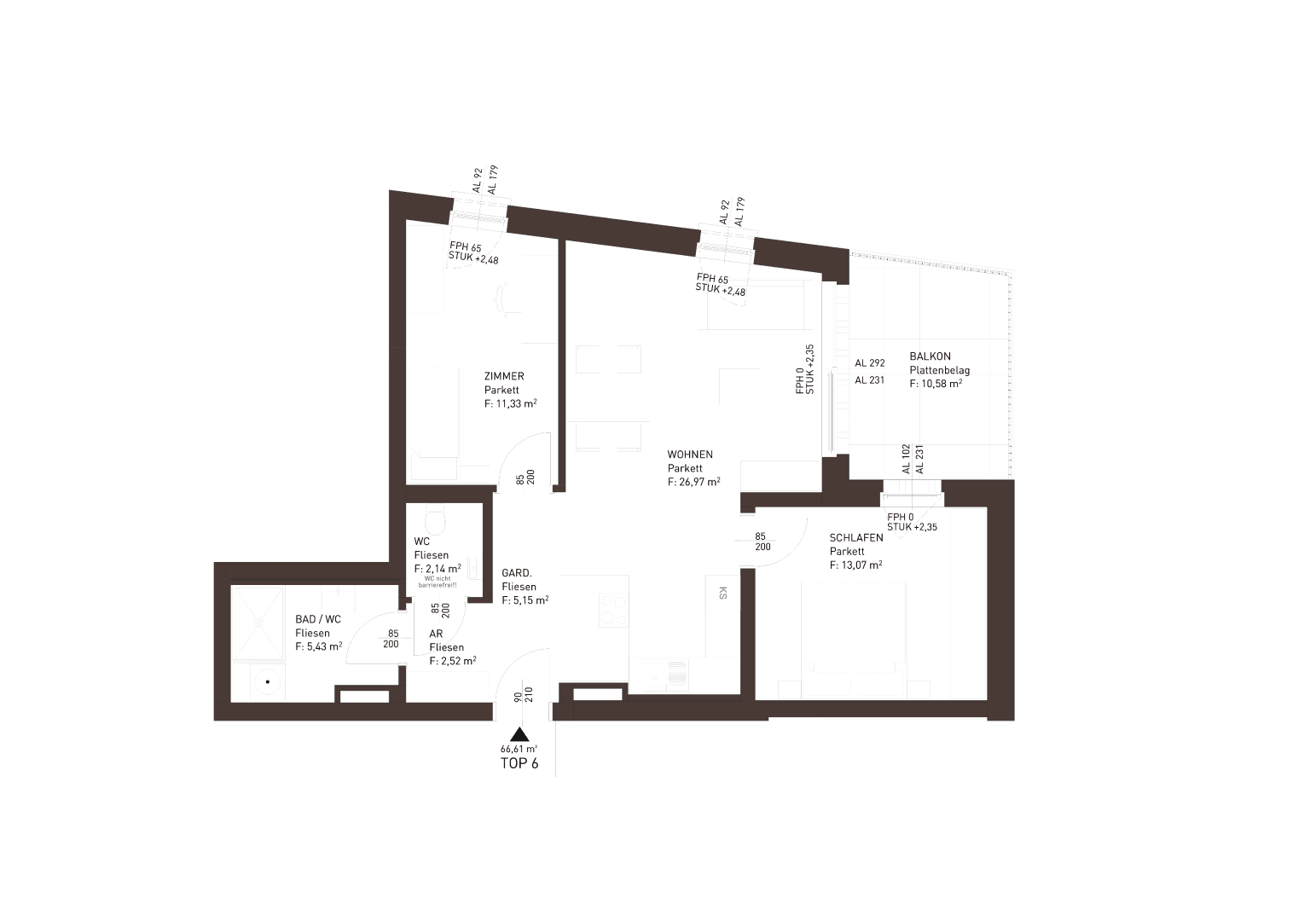 Grundriss einer Wohnung mit drei Zimmern, zwei Bädern und einem Balkon, detailliert dargestellt.